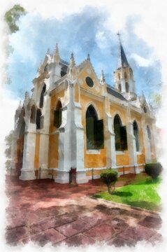 landscape of yellow ancient gothic architecture ancient church watercolor style illustration impressionist painting.