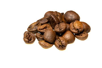 heap of Roasted coffee beans on white background. close up photo