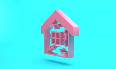 Fototapeta na wymiar Pink House icon isolated on turquoise blue background. Insurance concept. Security, safety, protection, protect concept. Minimalism concept. 3D render illustration