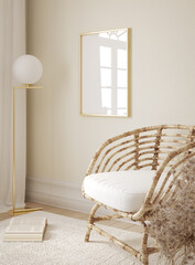 Fototapeta Vertical golden frame mockup in home interior background, 3d render obraz