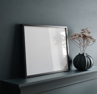 Black square wooden frame standing on shelf with dry flower in vase, 3d render