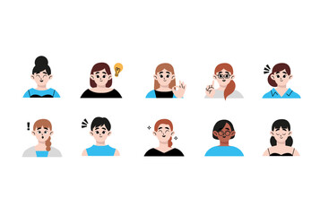 Positive female upper body set. Flat vector illustration isolated on white background