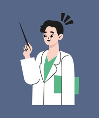Male doctor in medical uniform pointing and showing smth with hand. Confident Asian American man medicine worker explaining and presenting something. Flat vector illustration isolated