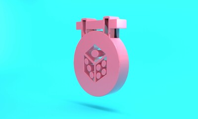 Pink Game dice icon isolated on turquoise blue background. Casino gambling. Minimalism concept. 3D render illustration