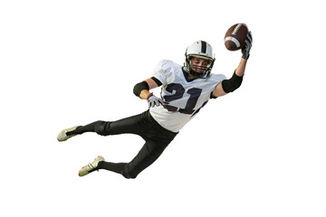 Portrait of american football player in motion, catching ball in a jump isolated over white background. Dynamics and motion © Lustre Art Group 