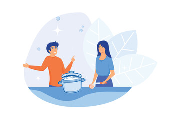 Young couple, girlfriend and boyfriend cooking together. Homemade cuisine, romantic relationship, dinner preparation. Husband and wife on kitchen.