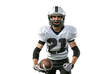 Portrait of professional american football player in uniform, helmet, with ball shouting before game to rise team spirit