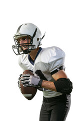 Portrait of motivated and concentrated man, american football player in uniform posing isolated over white background