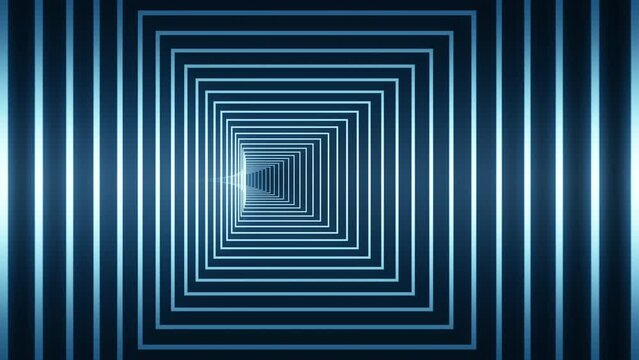 Moving in futuristic sci-fi tunnel with neon lights. Seamless loop, endless concentric rectangle lines. Digitally generated animation. 4k
