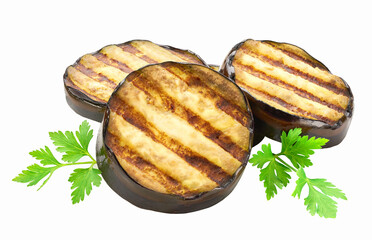 Grilled eggplant slices, garnished with fresh parsley leaves isolated on white background.