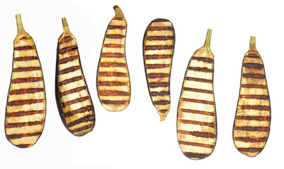 grilled eggplant halves isolated on white background, top view.
