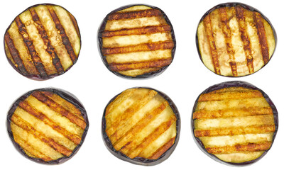 grilled eggplant slices isolated on white background, top view.