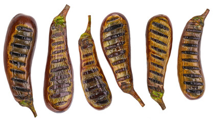 grilled eggplant halves isolated on white background, top view.