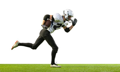 Portrait of sportive man, american football player in action, running with ball isolated over white background