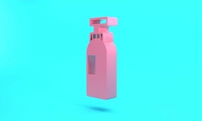 Pink Bottle of shampoo icon isolated on turquoise blue background. Minimalism concept. 3D render illustration