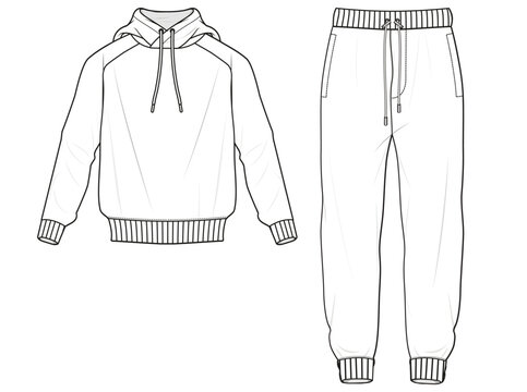 long sleeve hooded sweatshirt and sweat pants sleepwear set flat sketch vector illustration unisex sleep set cad mockup. isolated on white background.