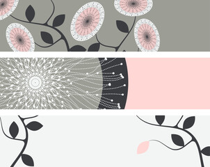 banners set stylized flowers and leaves soft pink gray