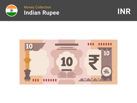 Indian rupee banknote illustration. 10 bill paper money. Ten INR cash. The official currency of India. Flat style. Simple minimal design. Vector.