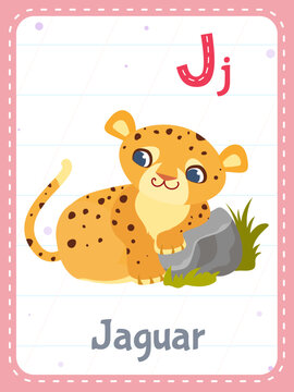 Alphabet printable flashcard with letter J. Cartoon cute jaguar animal and english word on flash card for children education. School memory cards for kindergarten kids flat vector illustration.