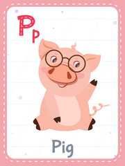 Alphabet printable flashcard with letter P. Cartoon cute pink pig animal and english word on flash card for children education. School memory card for kindergarten kids flat vector illustration.