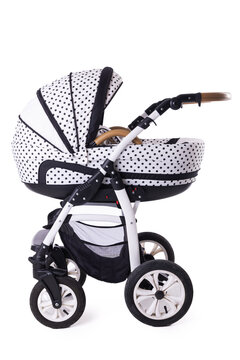 Modern baby stroller with bassinet and car seat isolated on a white background
