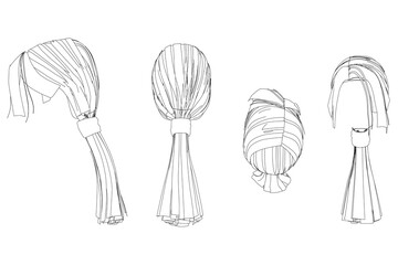Set with contour of a female hairstyle with a ponytail tied with an elastic band from black lines isolated on a white background. Long female hair. Front, side, back, top view. Vector illustration.
