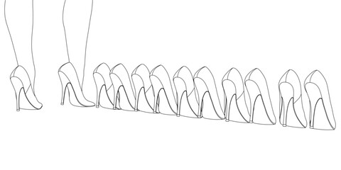 Outline of female legs in high heeled shoes and with a set of shoes from black lines isolated on a white background. Back view. Vector illustration.