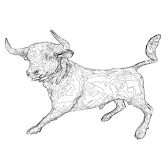 Outline of a running bull from black lines isolated on a white background. 3D. Vector illustration.
