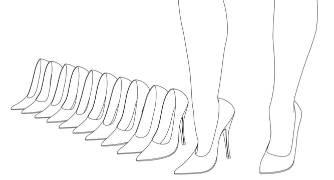 Outline of female legs in high heeled shoes and with a set of shoes from black lines isolated on a white background. Perspective view. Vector illustration.