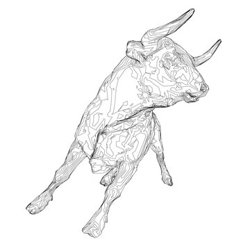 Outline of a running bull from black lines isolated on a white background. 3D. Vector illustration.