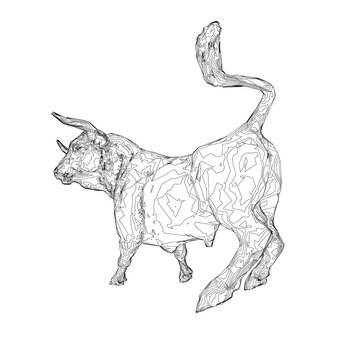 Outline of a running bull from black lines isolated on a white background. 3D. Vector illustration.