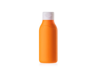 Sun cream lotion in orange bottle isolated on white background. Sunscreen milk bodycare, skincare.