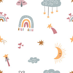 Seamless pattern with magic items for little princesses. Vector illustration isolated on white background for nursery and textile decoration