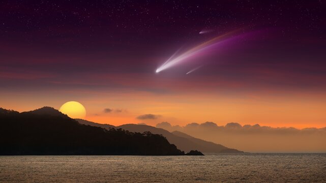 Amazing unreal background: giant colorful comet in glowing sunset sky over mountains and sea. Mixed media image.