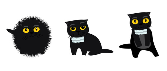 Set of black cat emoji. Crazy kitten with different emotions. Angry, skeptical, happy. Funny cat breaking things comic illustration, cartoon vector drawing.