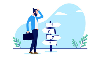 Business crossroads - Businessman standing by directional sign trying to make decision for future direction. Confusion and choices concept. Flat design vector illustration with white background - obrazy, fototapety, plakaty