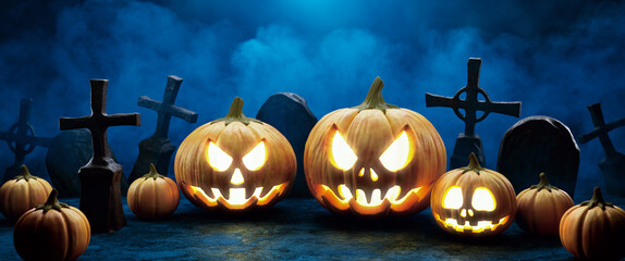 Halloween pumpkins on the background of cemetery crosses. Jack o'lanterns at night in numan in the fog. 3d