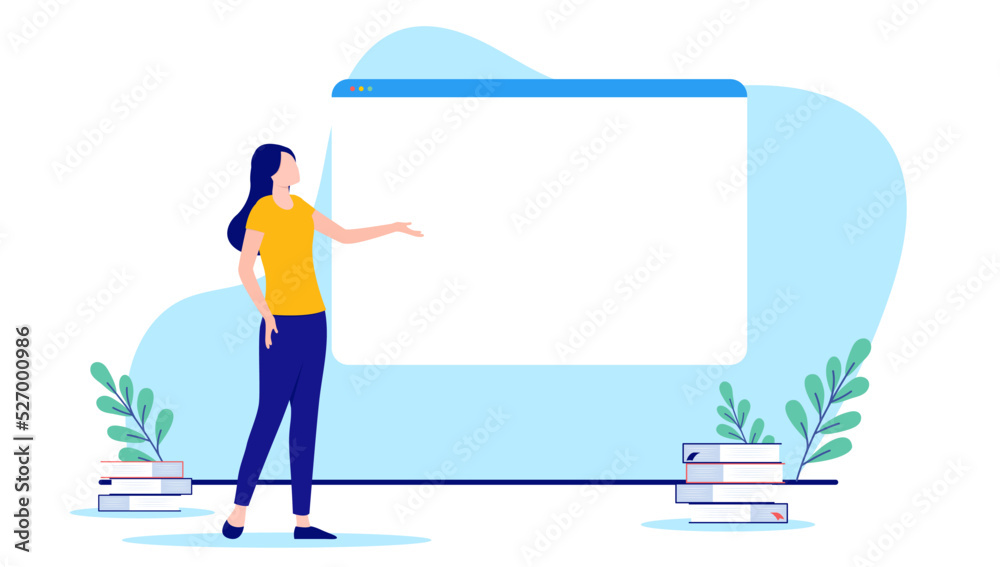 Aufkleber Presenting blank web page - Woman standing with empty internet browser, write your own text template. Flat design vector illustration with white background