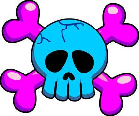 Crâne os croisés, icône rose et bleu personnage de dessin animé isolé - collection de griffonnages de crânes