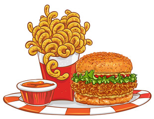 Crispy chicken burger with curly fries and ketchup on a plate isolated on transparent background.