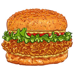 Crispy chicken burger isolated on transparent background.