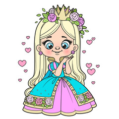 Cute cartoon longhaired girl in a princess dress outlined for coloring page on white background.jpg