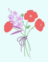Bouquet of poppies and fireweed. Beautiful flowers in flat style.