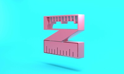 Pink Tape measure icon isolated on turquoise blue background. Measuring tape. Minimalism concept. 3D render illustration