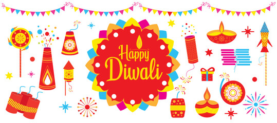 Diwali festival flat modern elements illustration and icon set for graphic and web design templates or deepavali firecrackers, Diwali crackers flat vector, red color full vector fireworks on white.