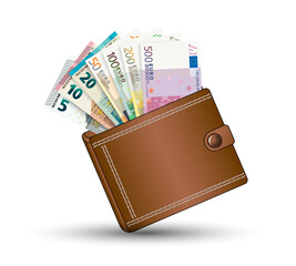Euro banknotes in a wallet. Illustration on a white background. Vector