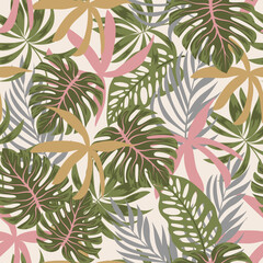 Fototapeta na wymiar Original seamless tropical pattern with bright plants and leaves on a beige background. Beautiful print with hand drawn exotic plants. Jungle leaf seamless vector floral pattern background.