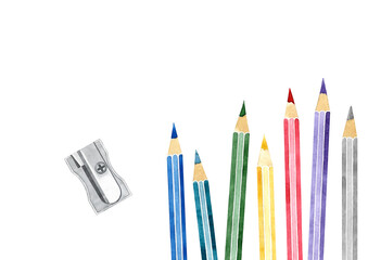 Back to School Education concept with colored pencils and metal sharpener on transparent background. Top down composition. Hand drawn illustration