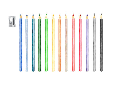 Hand drawn watercolor illustration of crayons and metal sharpener. Colored pencil set isolated on transparent background.