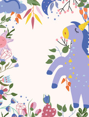 Cute Unicorn with colorful flowers, leaves, sun, cloud. Poster with magical horse can be used as creating card, banner, birthday and other holidays. Vector illustration.